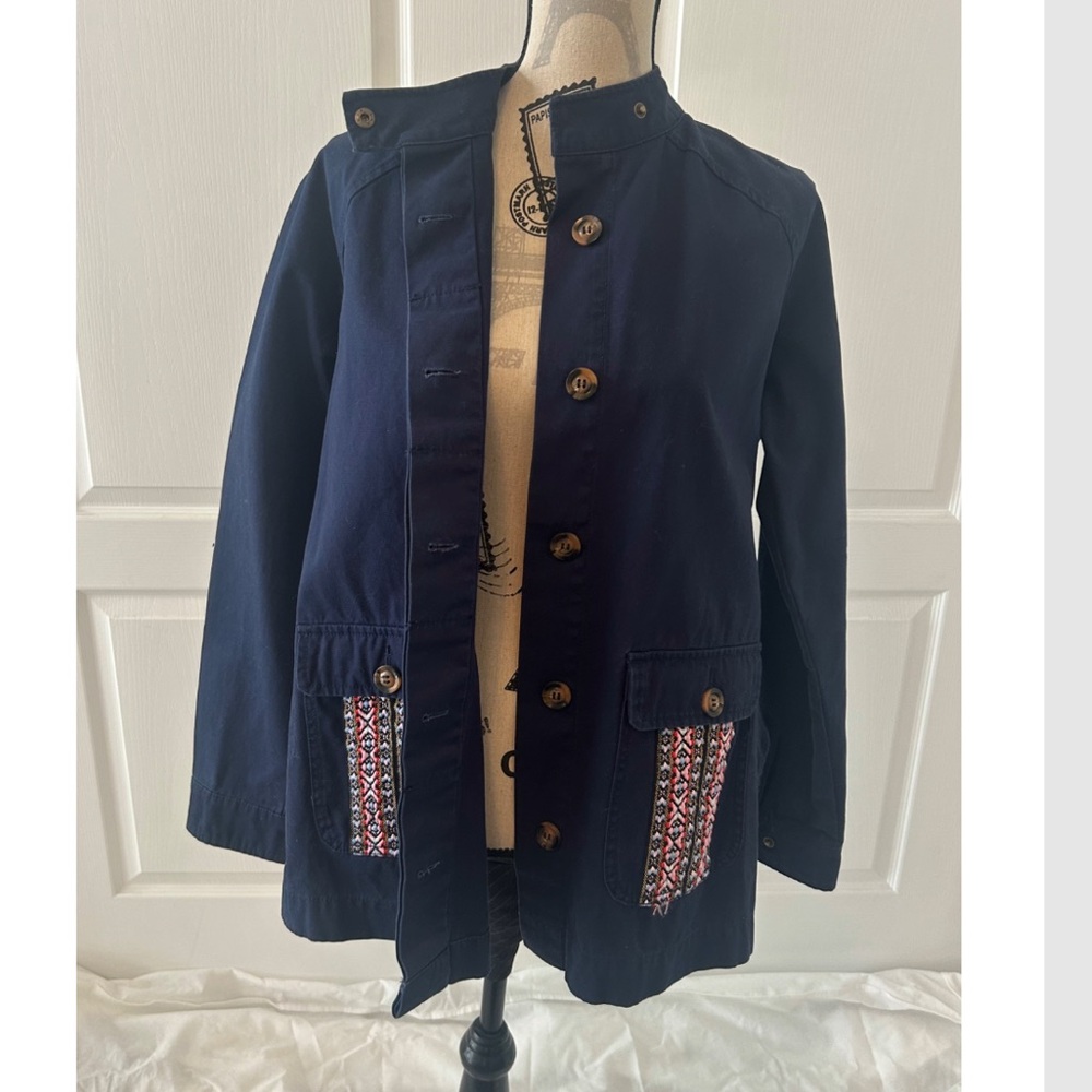 Women's Navy Jacket with Patterned Accents